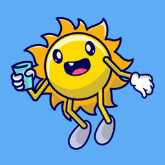 Cute sun cartoon holding a cup of water