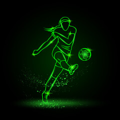 Women Soccer striker, front view. Football player hits the ball in the dark. Vector Soccer sport green neon illustration.