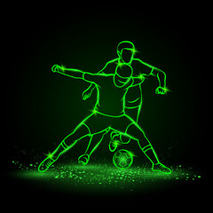 Fototapeta na wymiar Two soccer players fighting for a ball. Green neon silhouette of a striker and football defender who blocks the ball.