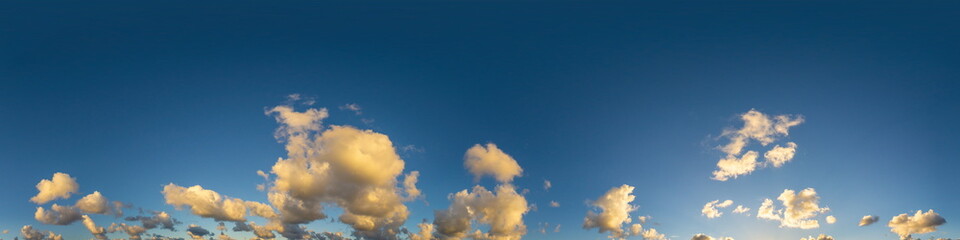 Dark blue sunset sky panorama with Cumulus clouds. Seamless hdr pano in spherical equirectangular format. Complete zenith for 3D visualization, game and sky replacement for aerial drone 360 panoramas.