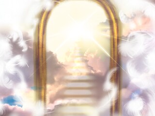 This illustration depicts the golden gates of heaven seen beyond the white wings of dancing angels, the cloud staircase, and the world of divine light illuminating the sky through the gaps in the sea 
