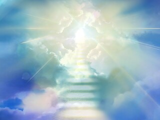 Illustration of the mysterious gate leading to  the heaven and the divine light shining through a gap in the sea of clouds Beyond the falling white．