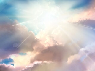 Illustration of the mysterious gate leading to  the heaven and the divine light shining through a gap in the sea of clouds Beyond the falling white．