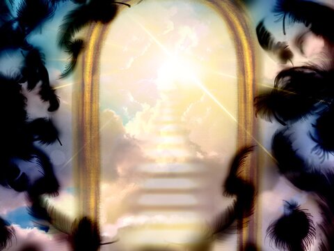 This illustration depicts the golden gates of heaven seen beyond the black feathers of dancing angels, and the world of divine light illuminating the sky through the gaps in the sea of clouds