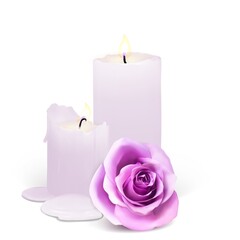 Realistic candles and rosebud on a white background. Vector illustration