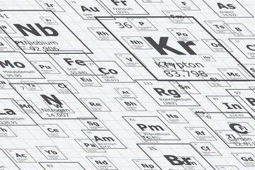 Background in perspective of the chemical elements of the periodic table, atomic number, atomic weight, name and symbol of the element on a grid sheet background