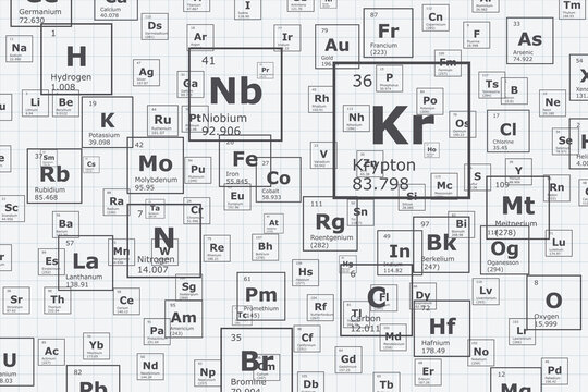 Background of the chemical elements of the periodic table, atomic number, atomic weight, name and symbol of the element on a grid sheet