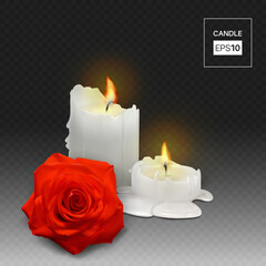 Realistic candles and rosebud on a transparent background. Vector illustration