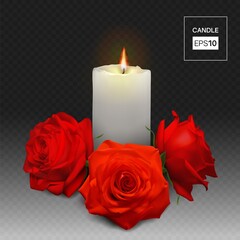 Realistic candle and rosebuds on a transparent background. Vector illustration