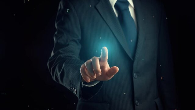 Businessman show hologram of programming coding allusive technology. Virtual augmented reality generated by 3D rendering motion graphic and animation to create futuristic HUD .