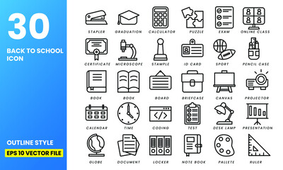 Back to School icon set with outline style