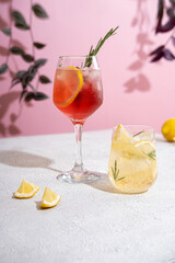 Summer refreshing non-alcoholic cocktails. Lemonade garnished with fresh rosemary. Summer beverage with sparkling water and lemon slices.