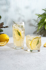 Summer refreshing non-alcoholic cocktails. Lemonade garnished with fresh rosemary. Summer beverage with sparkling water and lemon slices.