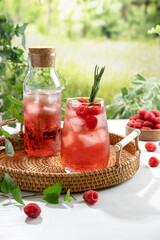 Summer refreshing non-alcoholic cocktails. Raspberry lemonade garnished with fresh rosemary. Summer raspberry beverage with sparkling water. Copy space.
