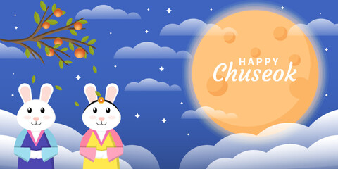 happy chuseok illustration background with full moon and two rabbits