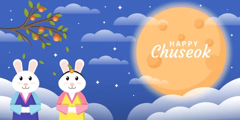 Foto op Plexiglas happy chuseok illustration background with full moon and two rabbits © Slow Area