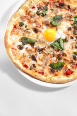Pizza with Mushrooms, Bacon and Egg in Restaurant Plate Isolated