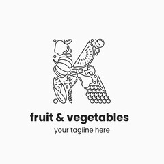 Letter K made of fruit and vegetables. Organic food logo concept. Stock vector illustration.