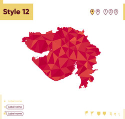 Gujarat, India - red low poly map, polygonal map. Outline map. Vector illustration.