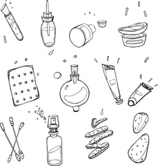 Beauty cosmetics vector illustration: face cream, face moisturizer, hand creams, perfume bottle, face serum, vitamins, sponges, cotton pads, ear buds. Black and white hand drawn illustration.