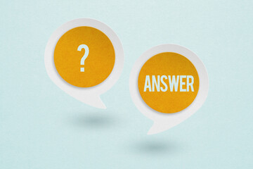 question mark sign and answer text on orange paper cut with white bubble speech and grunge blue...