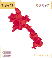 Laos - red low poly map, polygonal map. Outline map. Vector illustration.