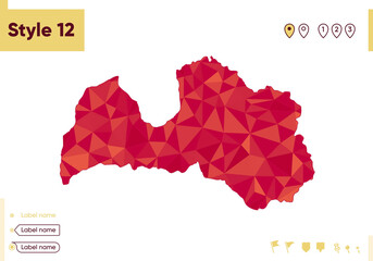Latvia - red low poly map, polygonal map. Outline map. Vector illustration.