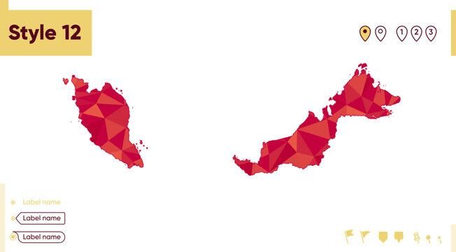 Malaysia - red low poly map, polygonal map. Outline map. Vector illustration.