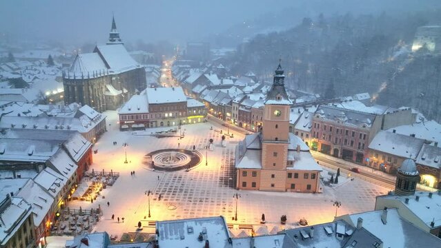 Christmas aerial view of historic town of Brasov in Romania, winter holidays in Romania, tourism in Europe in winter