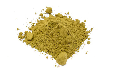 Mehendi or henna leaves and powder heap isolated on white background, Lawsonia inermis powder, Herbs for hair.