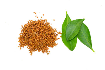 Mehendi or henna leaves and powder heap isolated on white background, Lawsonia inermis powder,...
