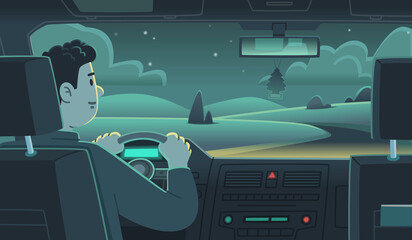 Man driving a car rear view. Trip late at night. Vector illustration © tynyuk