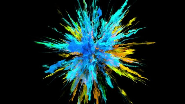 Color Burst - colorful teal cyan turquoise blue orange yellow smoke powder explosion or fluid ink particles in slow motion. Alpha channel isolated on black 60 fps