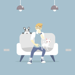 man coughing, sneezing, having allergic to pet with cat and dog, fur and wool allergy concept, flat vector illustration character design clip art