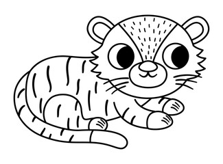 Vector black and white Bengal tiger icon. Endangered species illustration. Cute extinct animal isolated on white background. wild animal line illustration for kids. Nature protection coloring page