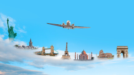 Famous monuments of the world with Old metallic propeller airplane in the sky - Travel the world concept (colosseum, eiffel tower, Topkapi palace, Taj mahal, Arch of Triumph, Statue of Liberty, 