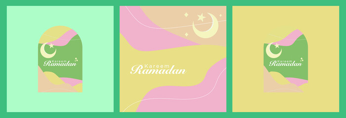 Design for Ramadan Kareem Pastel color are used in a modern art setting. templates for abstract art including the moon, stars, and dunes in the desert. the banner or poster a website or social media