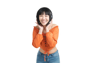 Young asian woman listening music with headphones and smiling, isolated on white background.