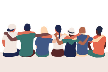 Group of friends illustration. Multicultural people. Friends hugging and embracing each other. Unity, equality concept.