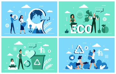 Eco mindset, agriculture, sustainability, waste recycling and management. Community of tiny people pick and collect rubbish, save environment flat vector illustration. Ecology, farming concept