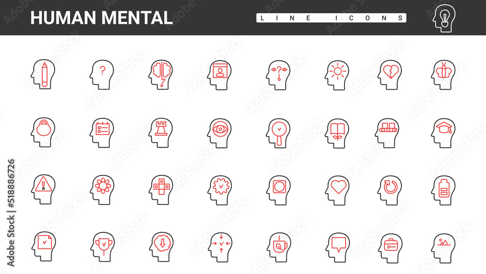 Poster brain processes inside abstract human head, thin red and black line icons set vector illustration. m