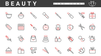 Beauty procedures, makeup and cosmetics, thin red and black line icons set vector illustration. Abstract skin care and perfume pictogram, hair and nail treatment object for beautician salon collection