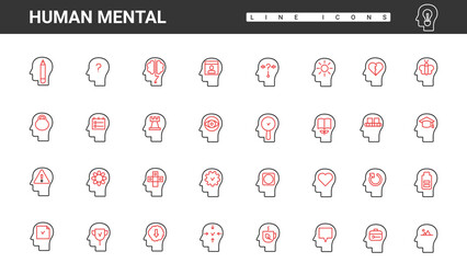 Brain processes inside abstract human head, thin red and black line icons set vector illustration. Mental health and education, emotions and imagination symbols of personality, psychology collection