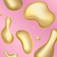 Gold liquid splash abstract shapes and luminous drops, 3d yellow shiny metal fluid drop bubble shaped elements with golden melt surface, glossy glitter metallic figures forms on pink background