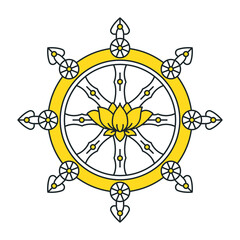 Dharmachakra line art. Dharma Wheel. Buddhism sacred symbol. Isolated vector illustration