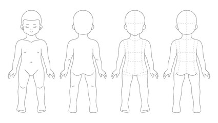 2-4 years toddler figure for kidswear flat sketch. Fashion template of baby body. Child mannequin in lines. Front and back view with markups