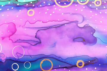 art photography of abstract fluid painting with alcohol ink, blue, purple and gold colors