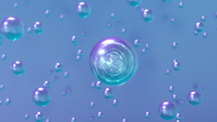 3D cosmetic rendering Pink Bubbles of serum on a blurry background. Design of collagen bubbles. Essentials of Moisturizing and Serum Concept. Concept of vitamins for beauty and health.