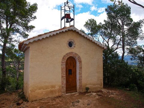 Village of Sillans-la-Cascade in Green Provence. The chapel Saint-Laurent on a hill above the village