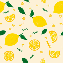 Seamless pattern of lemons. Fruit pattern for textiles, fabrics, and wall-coverings. Tropical fruits. vegetarian food. Seamless pattern of lemon slices and leaves for fabrics, wallpaper, and interior.